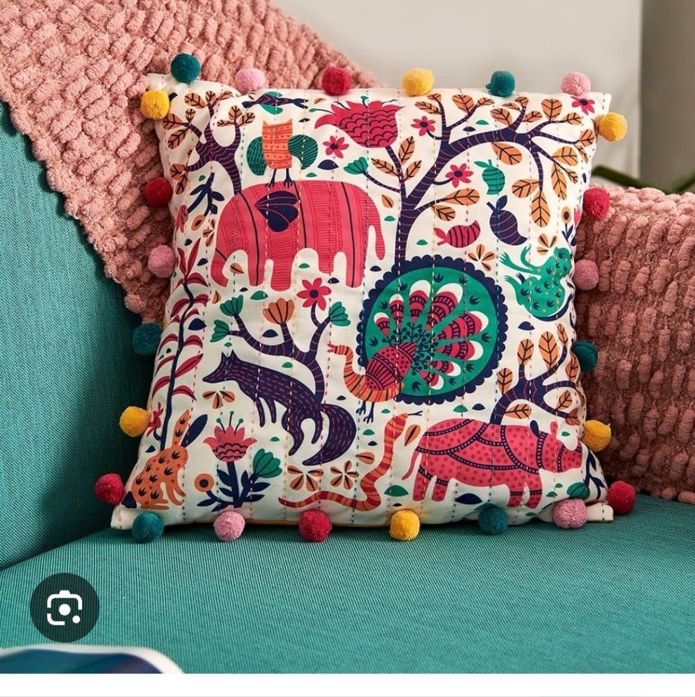 Chumbak Jungle Folk Pompom Decorative  Cushion Cover